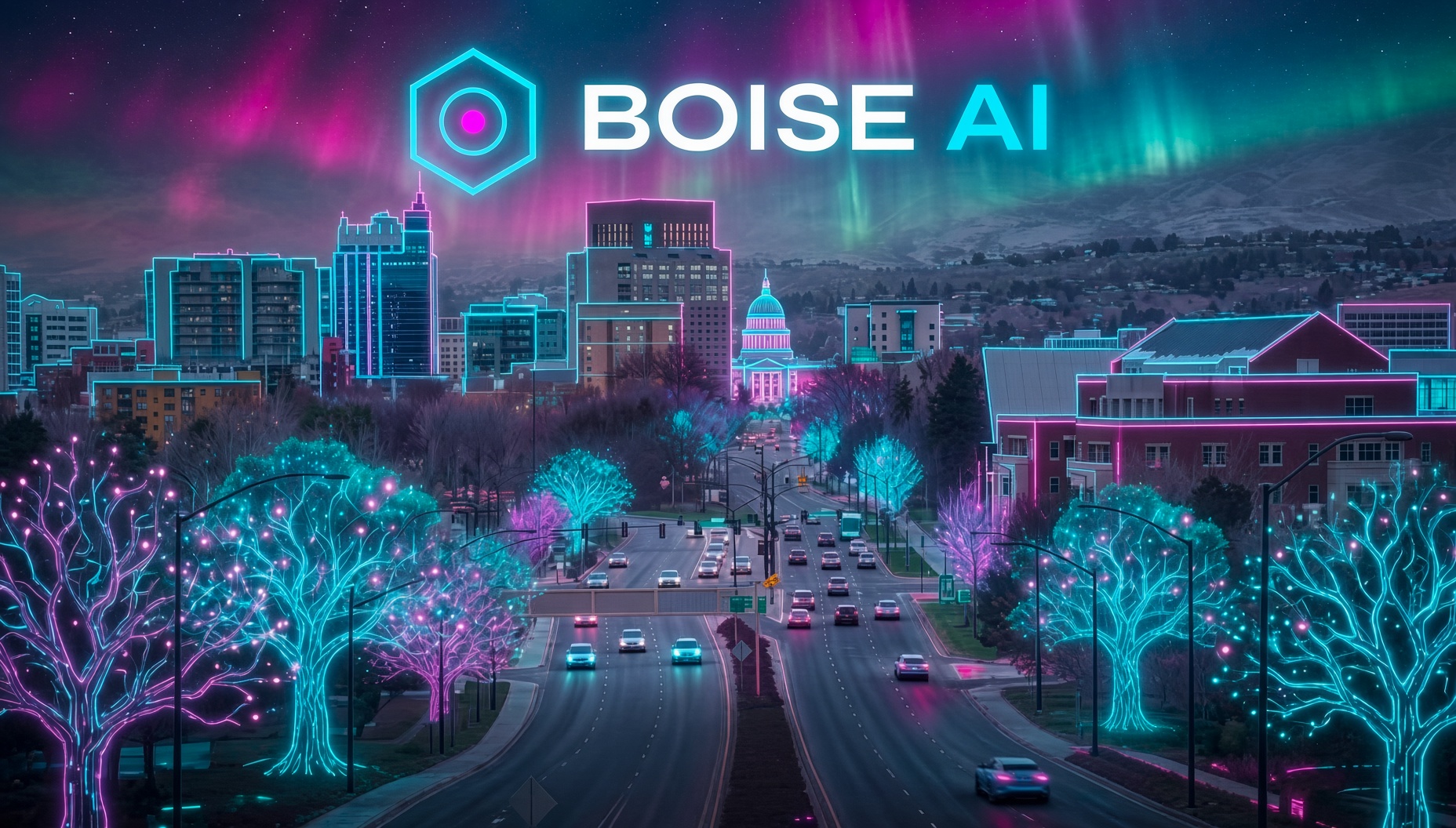 The BOISE AI wordmark and hexagon logo above a night view of downtown Boise looking toward the Capitol, the skyline and street trees outlined in neon cyan and magenta under a green and pink aurora.